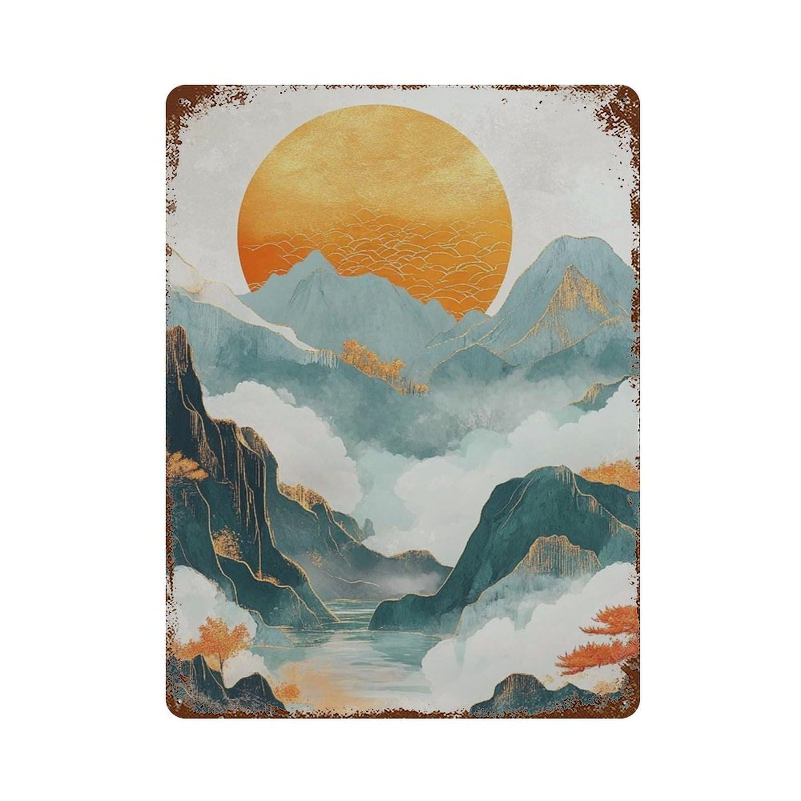 xiaoxiaoshen Golden Sun And Mountain Abstract Asian Landscape Tranquil Nature Scene Misty Ora Wall Decor Art Metal Tin Poster Modern Home Decor Art Home Bar Shop Decorations Vintage Sign 40x30cm