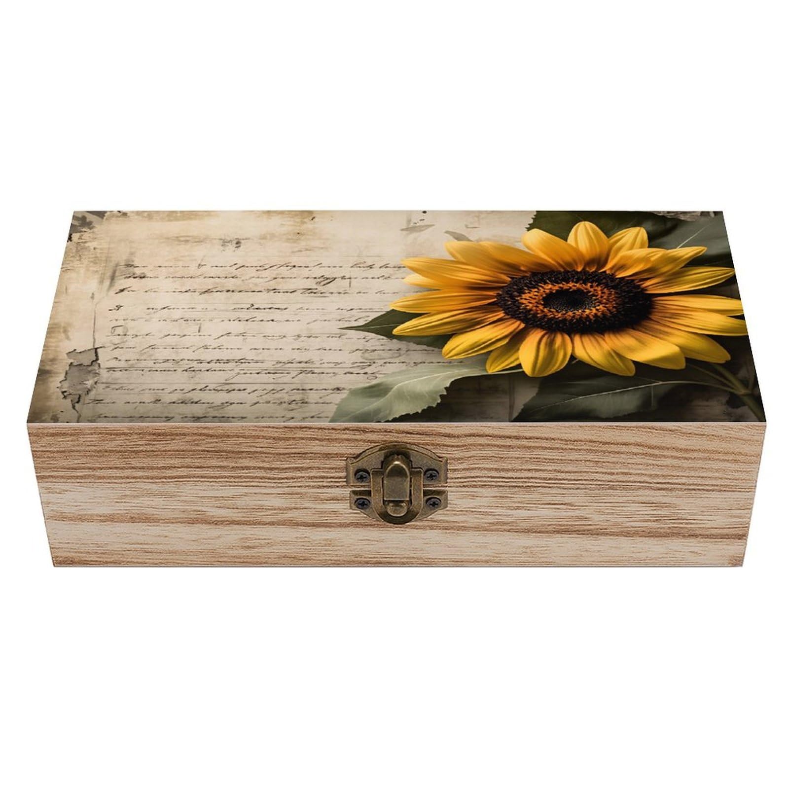 HLBSDM Retro Sunflower Vintage Wooden Keepsake Box with Hinged Lid And Locking Clasp, Decorative Storage Box for Jewelry, Trinkets And Small Accessories, Organizer for Home Or Wedding