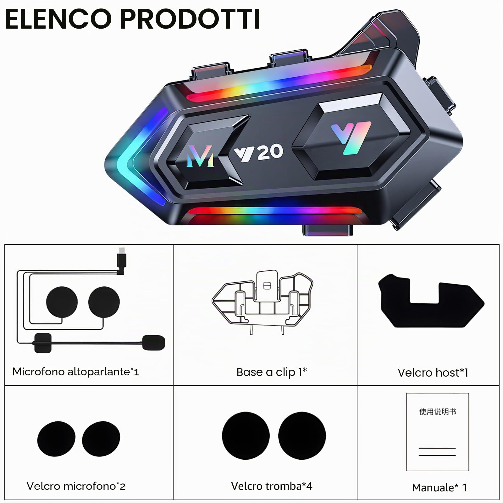 OBEST Auricolare Bluetooth per Casco,Cuffie per casco da moto con illuminazione RGB, Bluetooth 5.3 per moto Dual Noise Cancellation Subwoofer, IPX6,1000 mAh,Casco-Moto-Cuffie-Auricolare-Singola