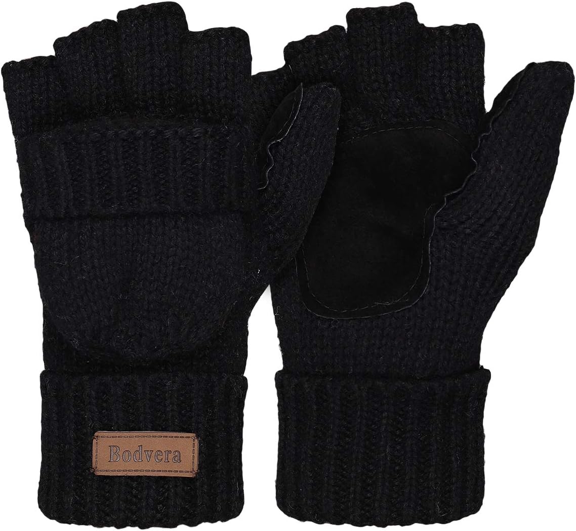 Thermal Insulation Fingerless Texting Wool Gloves for Women and Men Winter Warm Knitted Convertible Mittens Flap