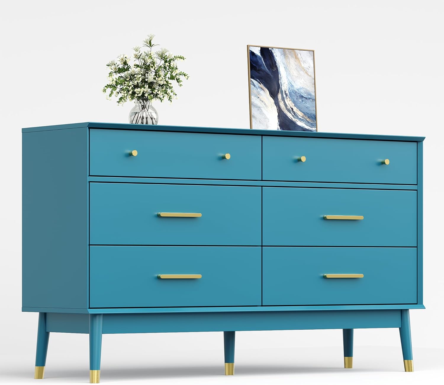 Teal Blue 6 Drawer Dresser – Modern Storage Chest with Gold Handles, 54" W Mid-Century Dresser for Bedroom, Living Room, or Clothes Storage