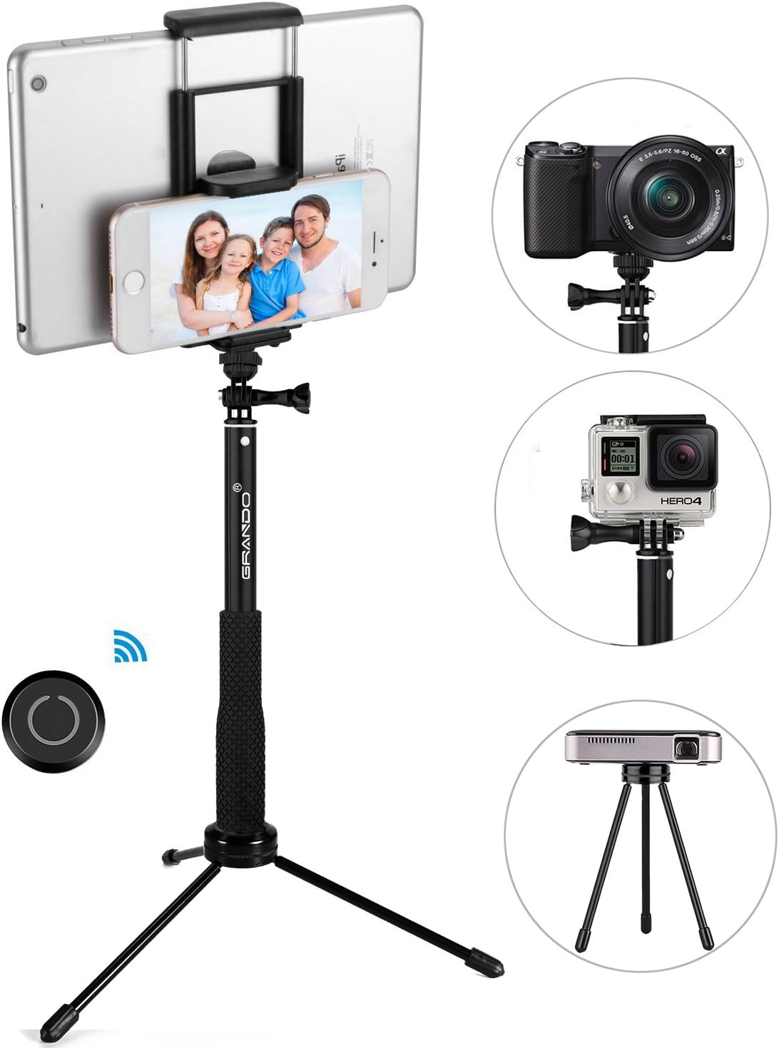 GRANDO Selfie Stick, 2 in 1 Clip Extendable Monopod with Bluetooth Remote and Tripod Stand for Tablet, Apple, Android & Cameras Black