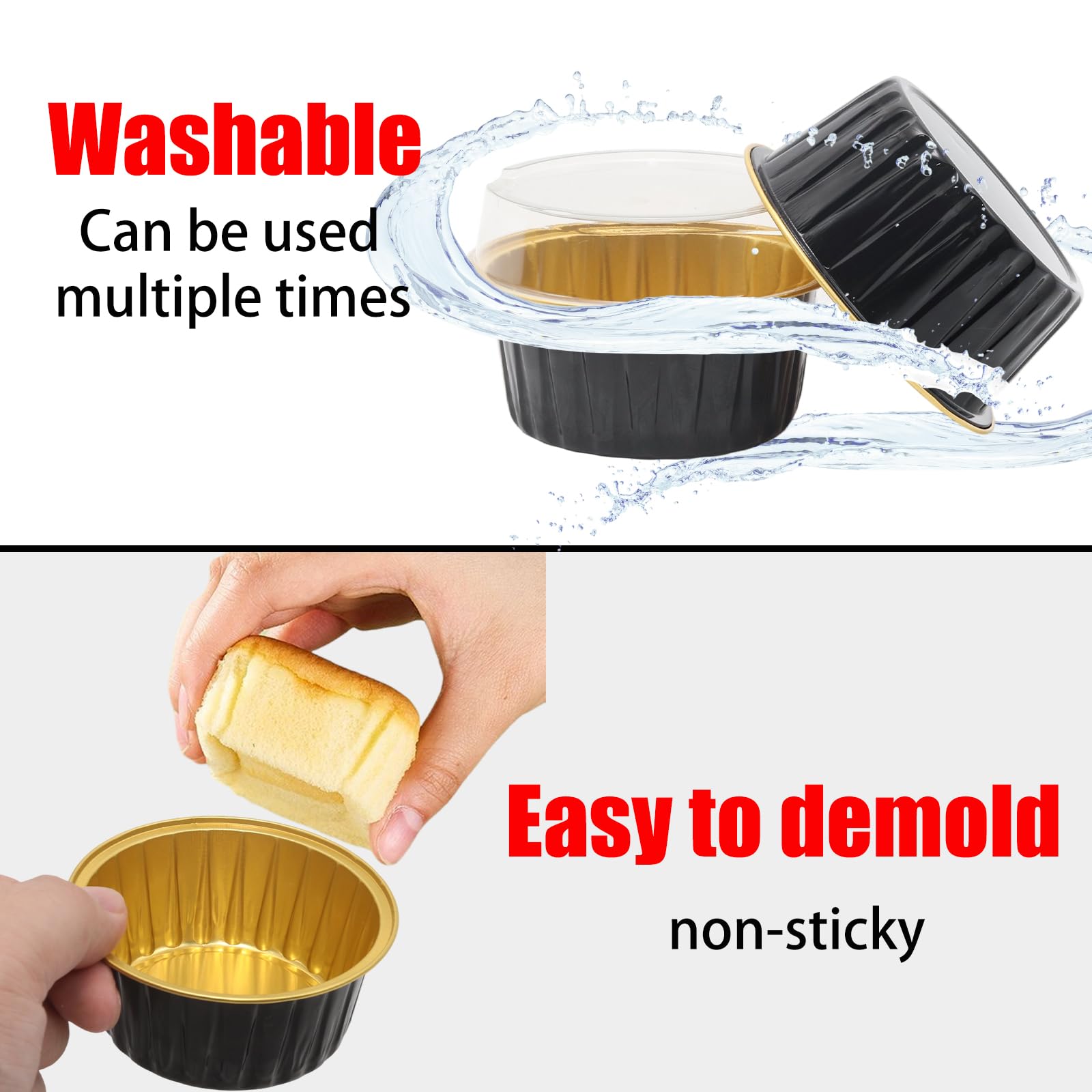 Lot de 100 mini moules à tarte en aluminium avec couvercles, 120 ml, noir et doré