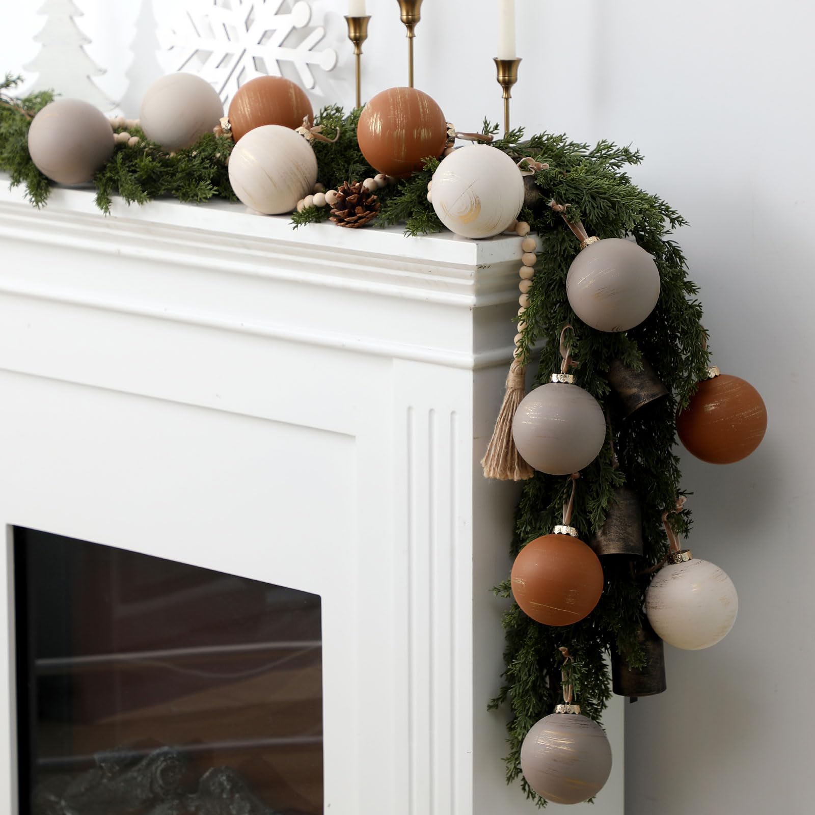Yunlly 12 Pcs Neutral Textured Christmas Ball Ornaments Rustic Earth Toned Xmas Ornaments Antique Farmhouse Modern Christmas Decor for Tree Home Decor(Brown,Ivory,4 Inch,Rustic)