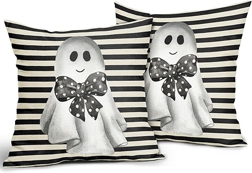 Miniatura 10 de Juego de 2 fundas de almohada de fantasma negro y beige de 18 x 18 pulgadas  18.0 x 18.0 in., bonitas fundas de almohada decorativas de lino de