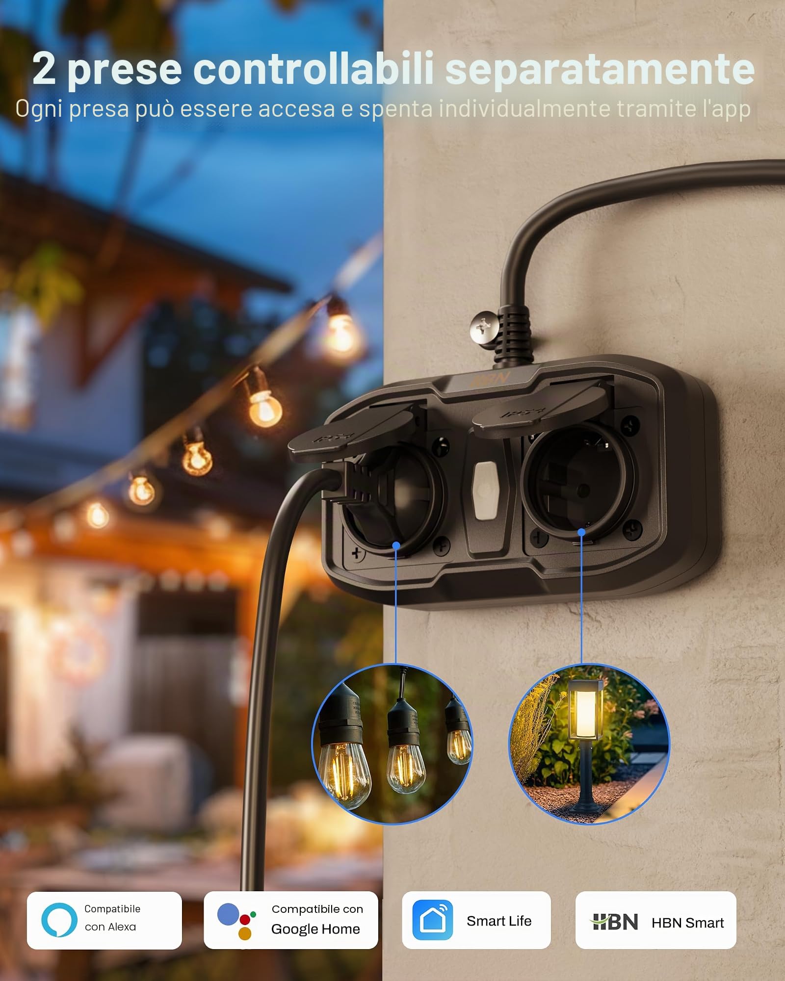 HBN Presa WLAN Outdoor con 2 uscite, 16 A 3600 W Smart presa esterna, IP54 impermeabile, doppia presa Wi-Fi per esterni, compatibile con Alexa e Google Assistant, cavo da 1,5 m