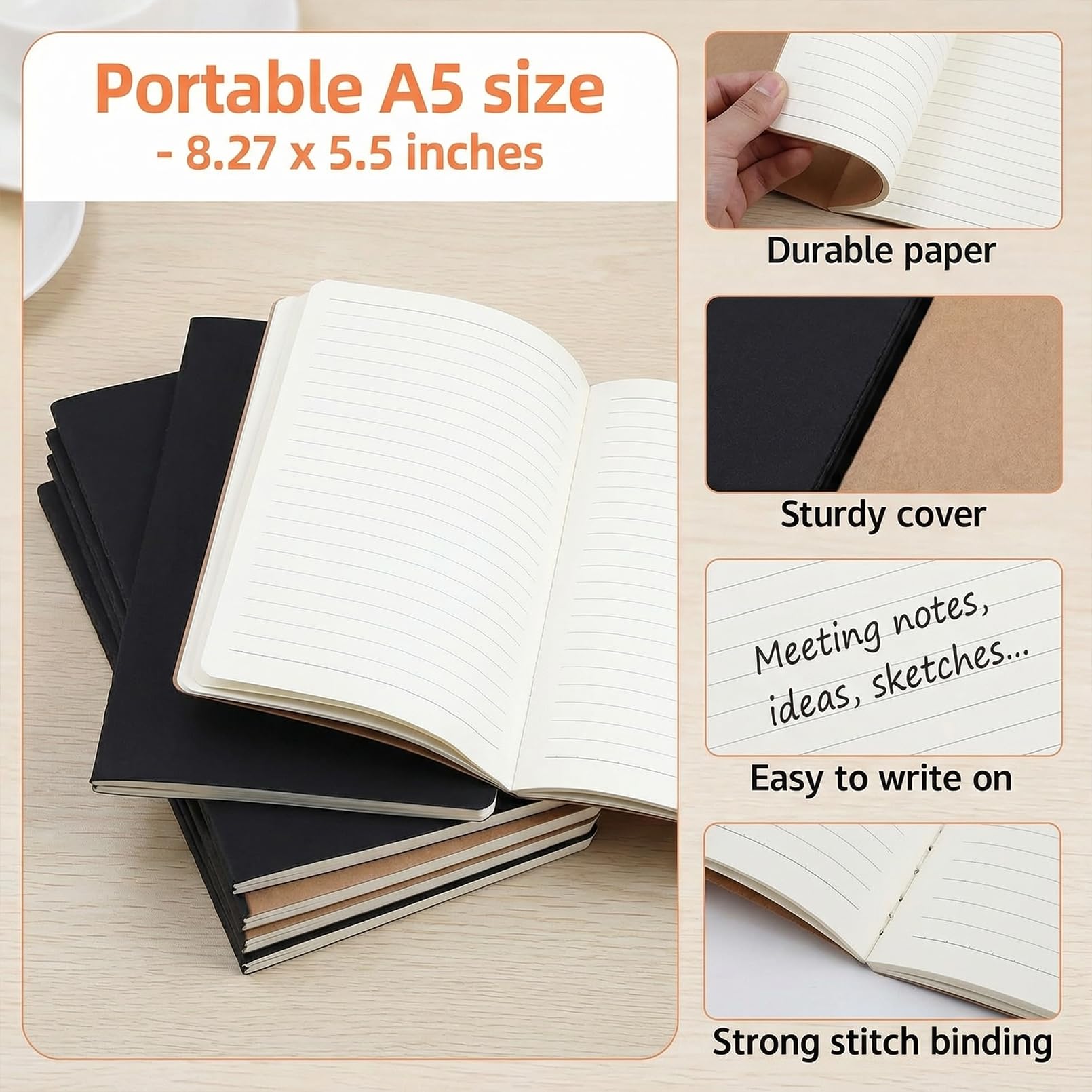 Paquete de 50 cuadernos de papel kraft, diario rayado A5, cuaderno de viaje con rayas universitarias, 5.5 x 8.3 pulgadas, 60 páginas/30 hojas, 25 cubiertas negras y 25 cubiertas marrones