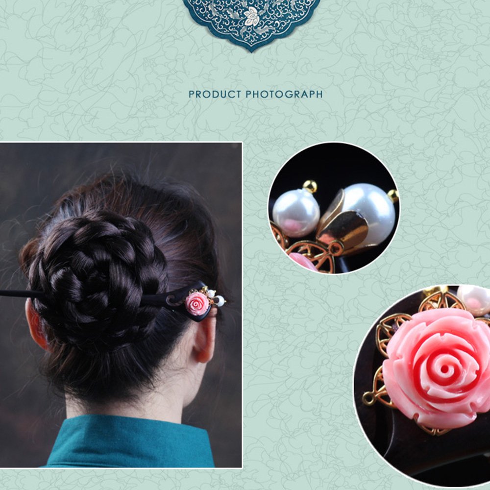 Vintage Handcrafted Natural Ebony Hair Chopsticks with Enamel Peony Pearl Mother of Pearl Peony Ebony Wood Hair Stick | Floral Hair  main image 3
