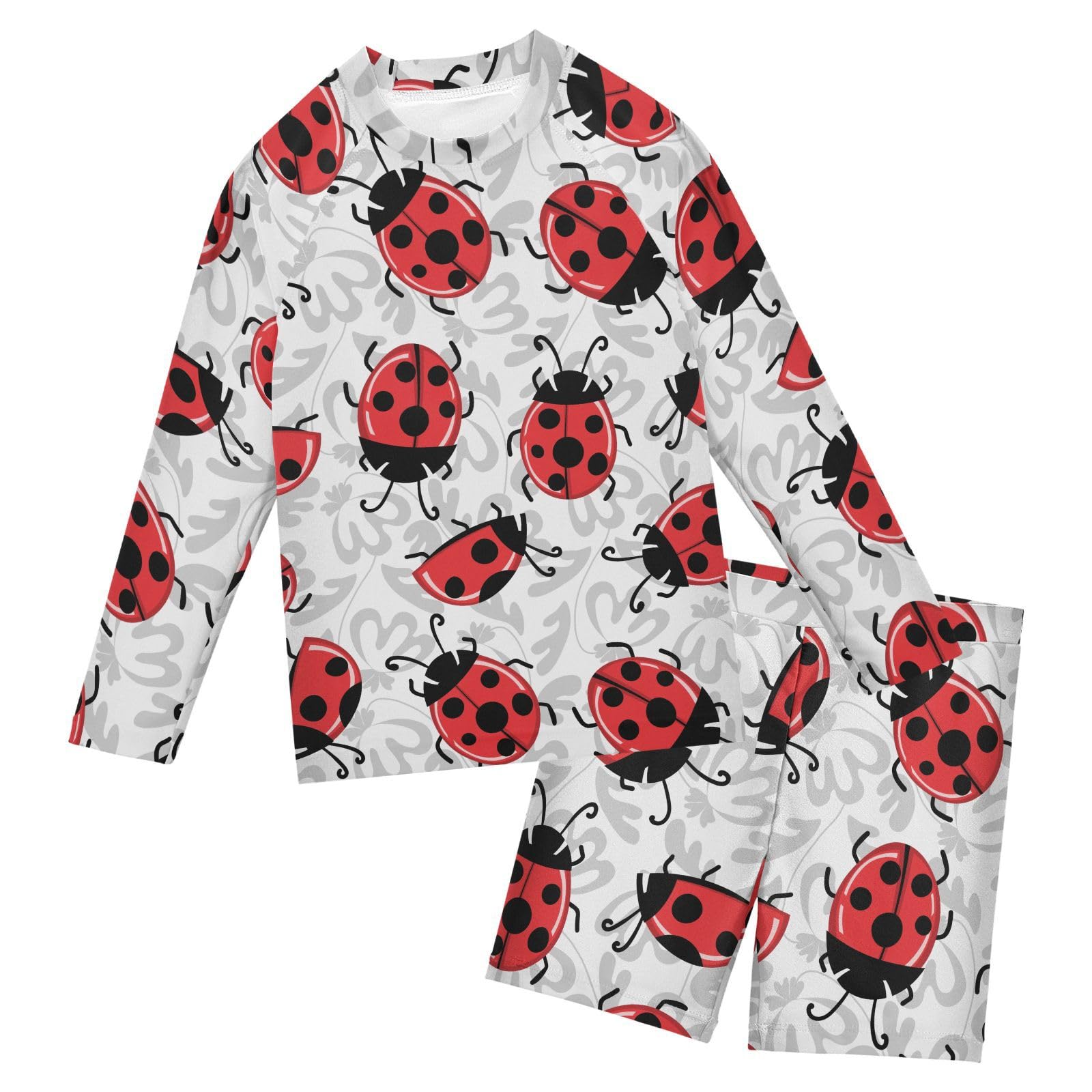 Aflyko Kids' Bathing Suit Set Ladybug Floral Red Grey Long Sleeve Swim Tops with Shorts Summer Vacation Pool Party Rashguard Fun Cute Toddler Infant Beachwear, 4T
