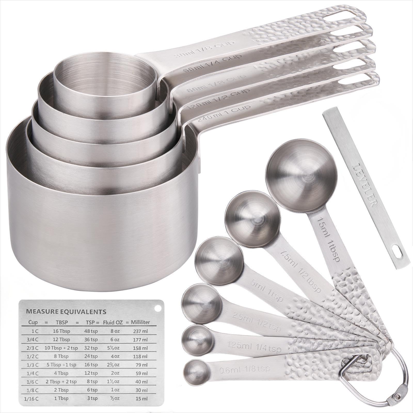 MALOGIC Smithcraft 18/8 (304) Stainless Steel Measuring Cups and Spoons Set of 15 Pieces: 5 Measure Cups and 6 Measurer Spoons and 1 Leveler and 1 Measurement Equivalents and 2 Rings Holder