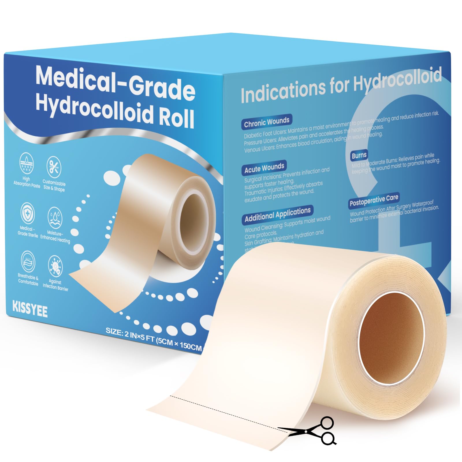 Hydrocolloid Roll Bandages 2IN x 5FT Extra Large Hydrocolloid Patch with Self-Adhesive Ultra Absorbent Cut-to-Size Flexible Waterproof for