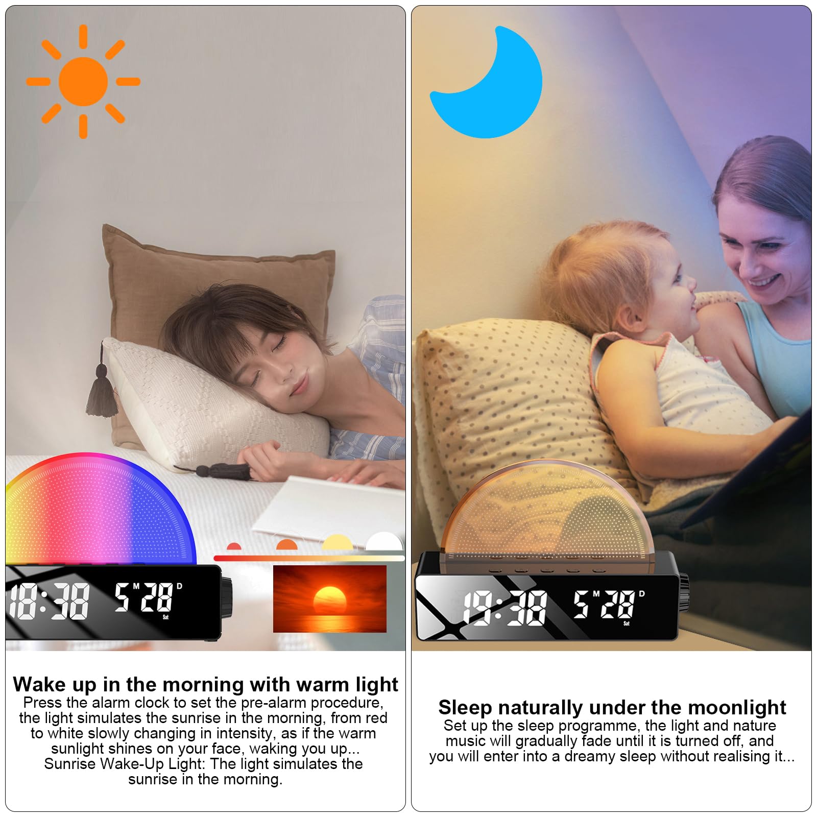 Sveglia digitale, sveglia luminosa con funzione di ricarica USB, sveglia luminosa, sveglia intelligente, luce d'atmosfera, lampada da comodino, display LED colorato, lampada da tavolo, scatola di