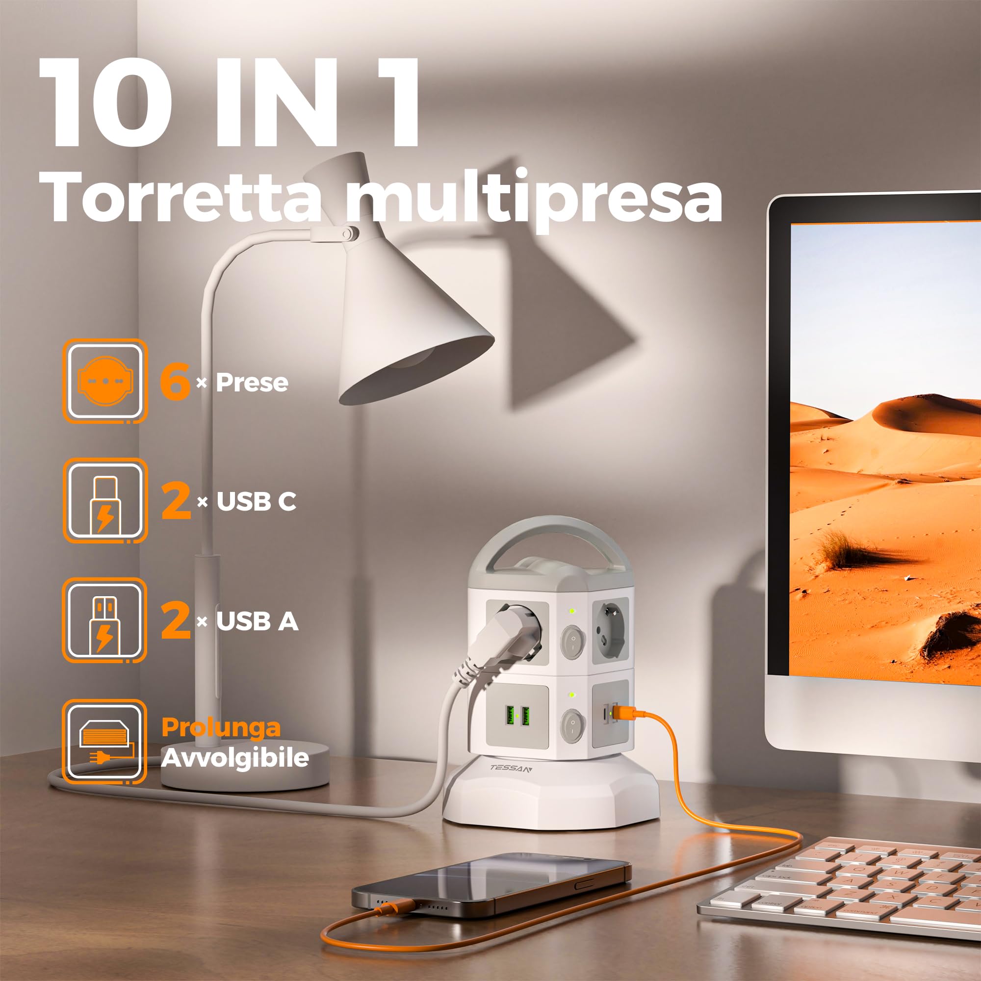 TESSAN Prolunga Retrattile 5M, Ciabatta Multipresa con 2 USB C, 6 Prese | Multipresa Verticale con 2 Interruttori Indipendenti, Girgio