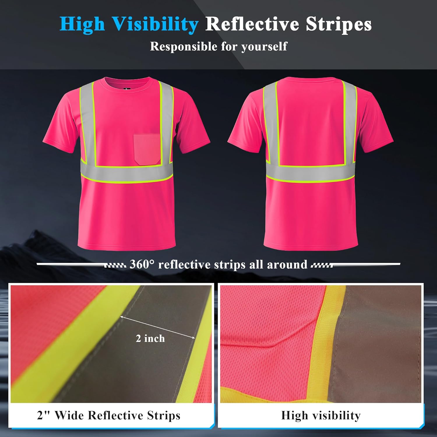 W&H Hi Vis Safety Short Sleeve Shirts Class 2 Reflective Birdeyes Fast Dry Breathable with Black Base for Work