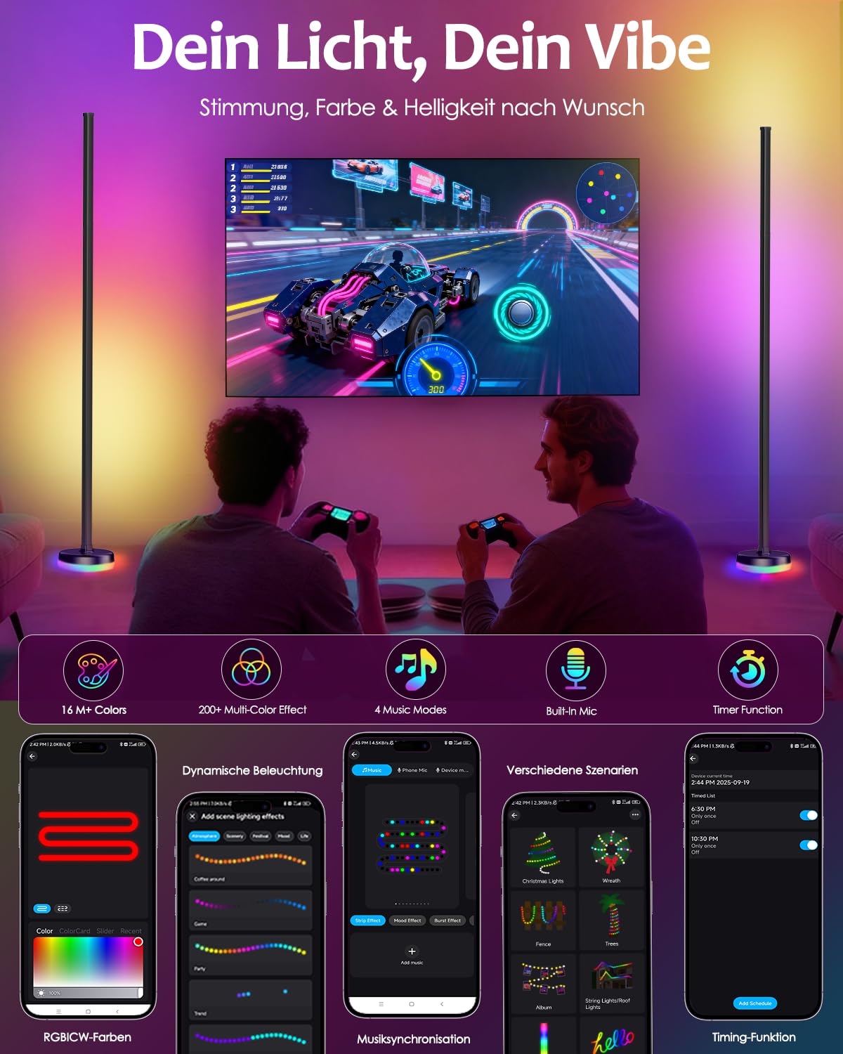 LED Stehlampe Wohnzimmer Dimmbar RGBIC - 140cm Smart Modern Stehlampe mit Fernbedienung und APP, 16 Millionen Farben, Musikmodi, DIY-Modus, Floor Lamp für Schlafzimmer, Gaming-Zimmer, Schwarz