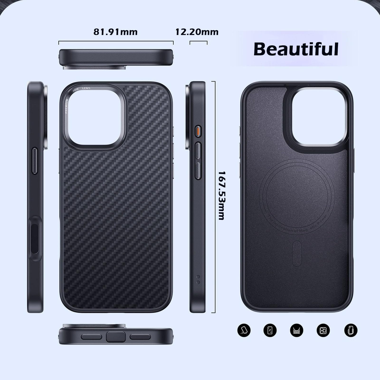 Funda de fibra de carbono real para iPhone 16 Pro Max/16 Pro/16 Plus/16, compatible con MagSafe ultrafina de grado aeronáutico de grado militar, funda protectora suave al tacto, resistente,