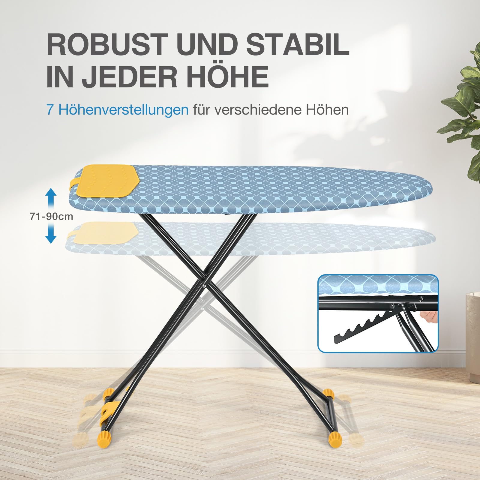 KINGRACK Bügelbrett mit Integriertem, Bügeltisch mit Silikonauflage, Kompaktes und Platzsparendes, Extra Dicke Abdeckung, 7 Höhenverstellbar, Wand- & Schrankaufhängbar – 38x121cm, Gelb