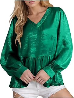 Womens Dressy Tops Long Sleeve Blouse 2025 Satin Crew Neck High Waist Peplum Shirts Work Business Casual Tees Top