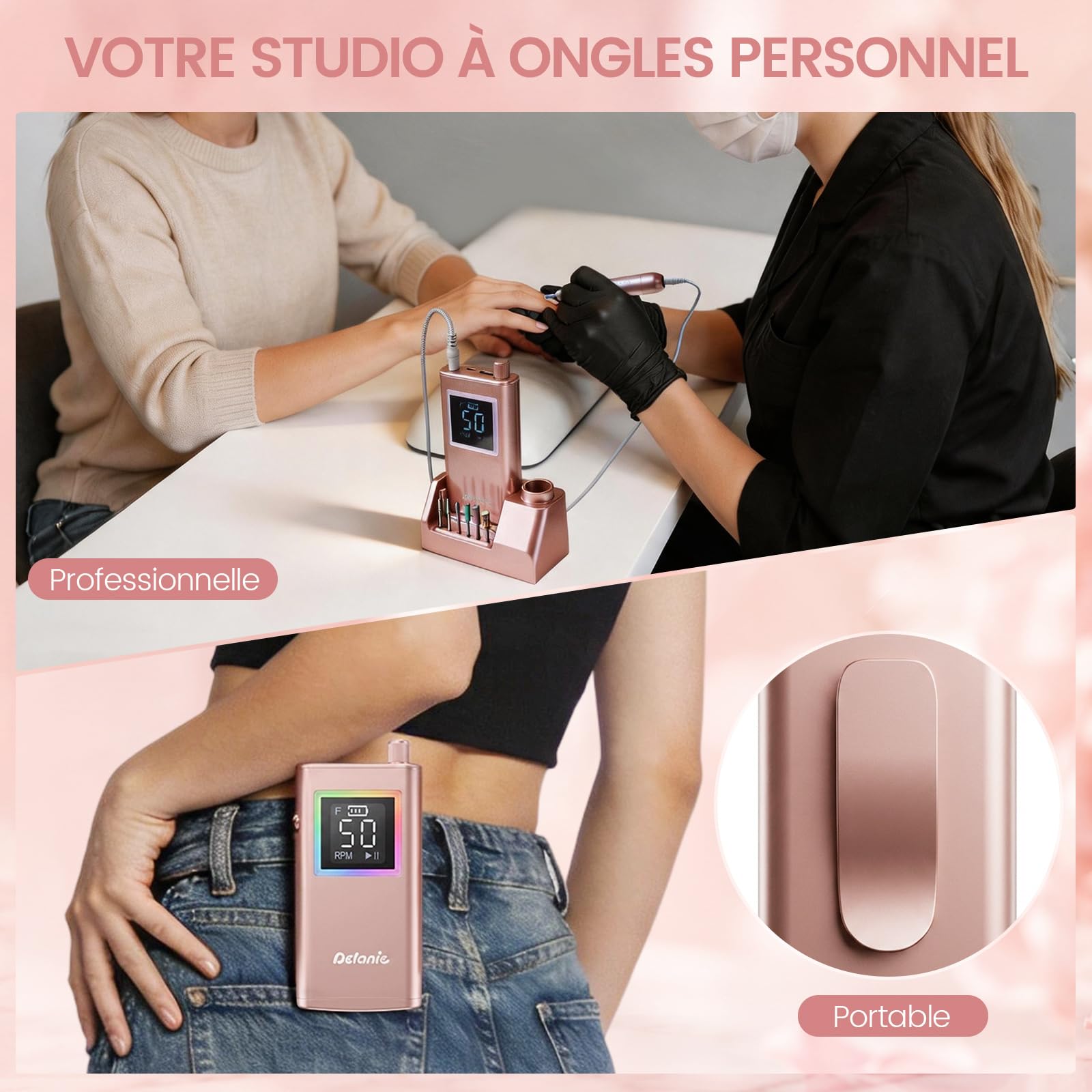 Delanie Ponceuse pour ongles Électrique Professionnel 50000 RPM avec Station de Recharge, Lime à Ongles Sans Fil pour Ongles en Acrylique Épais, 10 Heures d'autonomie, Fonction Pause, Incl. 12 Embouts