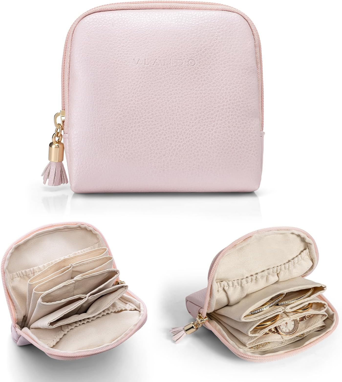 Vlando Small Jewelry Travel Case,Jewelry Pouch Bags with Zipper,Velvet Jewelry Organizer Storage Bag for Bracelet Rings Earring Travel Essentials Gifts for Women Girl-Pearl Pink