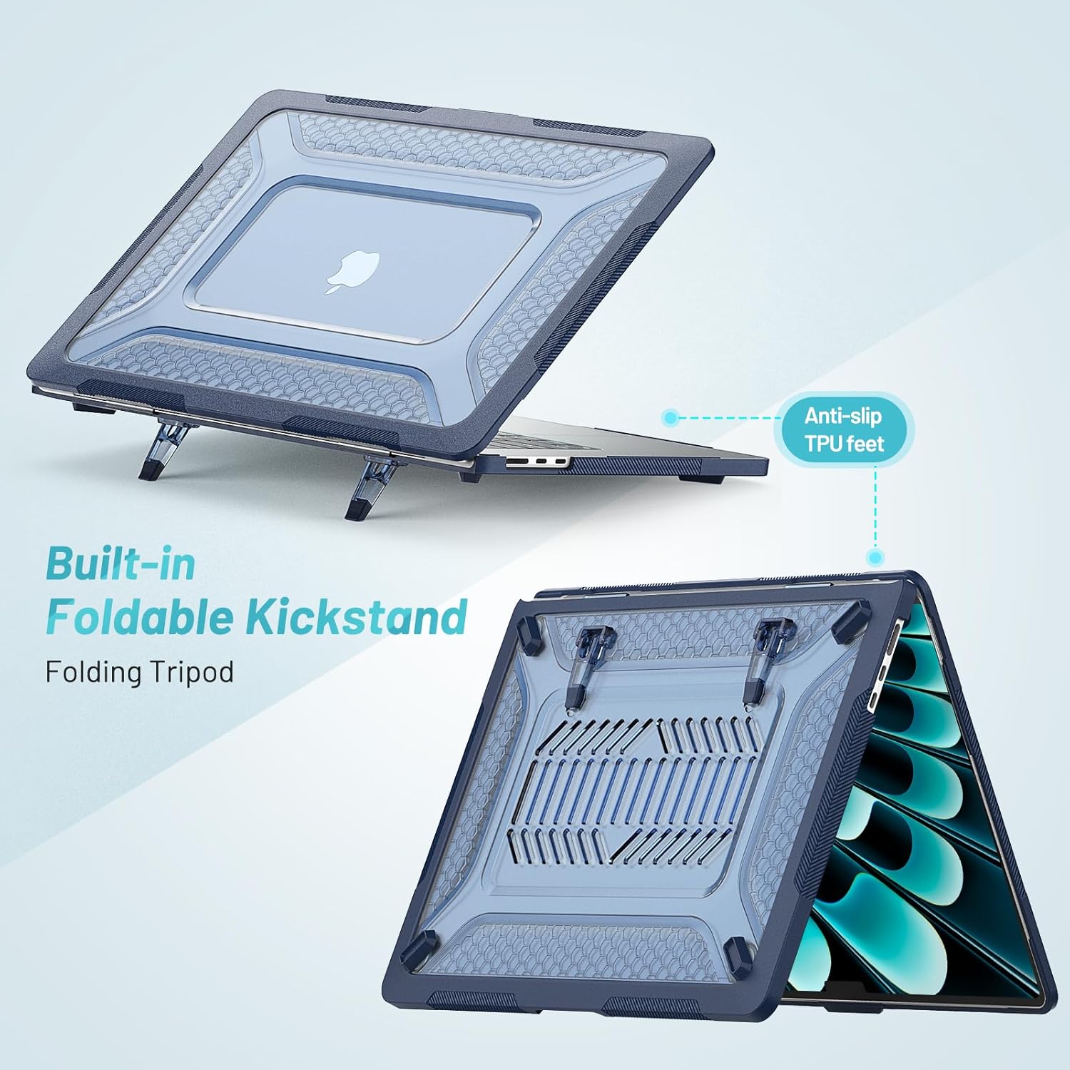 Batianda Upgraded Heavy Duty Case for MacBook Air 15 inch 2025 2024 2023 Release M4 M3 M2 Chip,Honeycomb Hybrid TPU + Matte PC Armor with Reinforced Kickstand,Stable Stand for Long Desk Work, Navy - Image 4