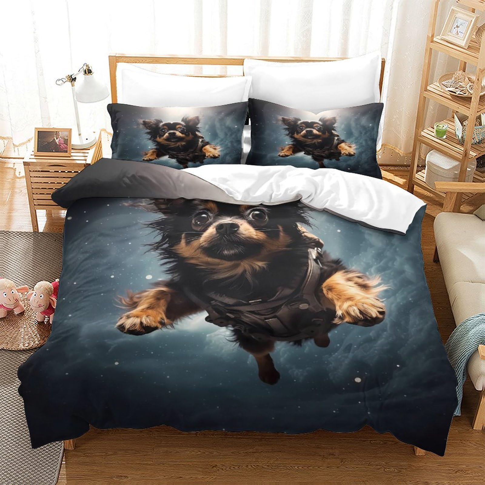 Avventura con un cane nello spazio Impressione 3D 3 pz cover piumone Fantasia cosmica di animali domestici coperteletto microfibra morbida antiacari per bambini ragazzi adulti King（220x240cm）