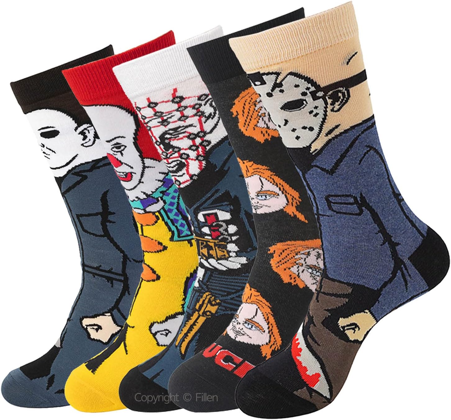 Fillen 5 Pairs Classic Horror Movie Character Cartoon Socks Funny Novelty Scary Design Cotton Socks for Women Men Teen