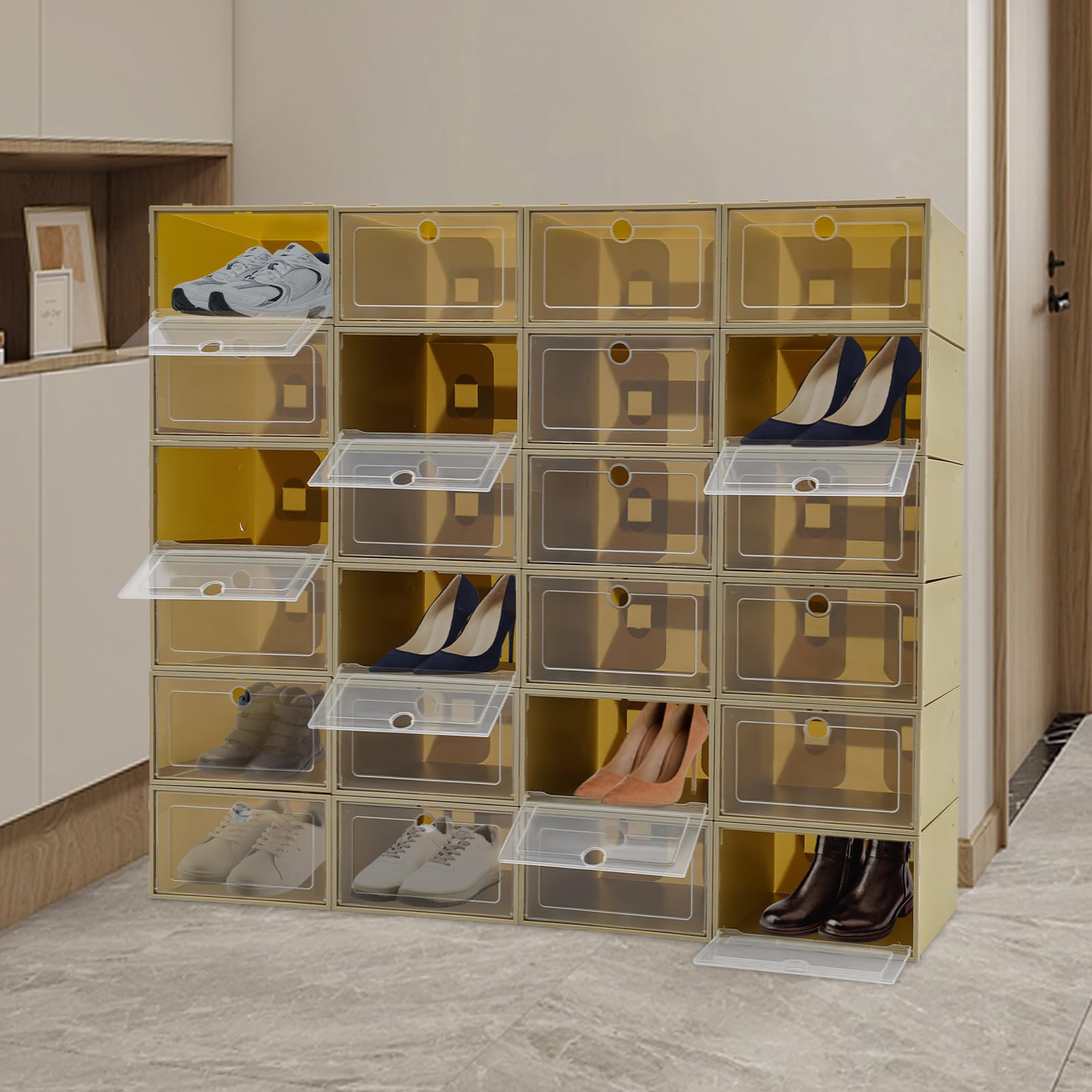 24 scatole per scarpe, impilabili, trasparenti, con coperchio, per soggiorno, camera da letto, vestiti, libri, CD, cinture, 33 x 23 x 14 cm (verde avocado)