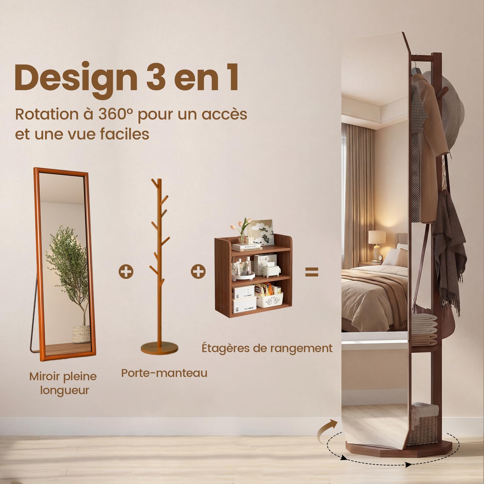 COSTWAY Miroir sur Pied, Grand Miroir avec Porte-Manteau, Base Pivotante à 360°, Cadre en Bois Massif, 2 Étagères de Rangement, 4 Crochets, Barre, pour Chambre Salon (39,5 x 39,5 x 166,5 cm,Noyer)