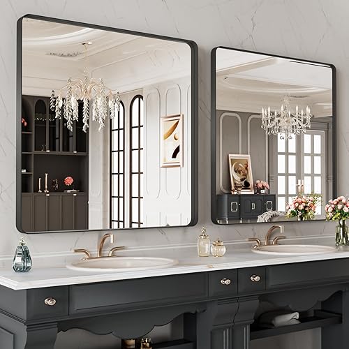 Miniatura 264 de LOAAO - Espejo de tocador para baño con marco de metal negro mate de 24 x 32 pulgadas para pared, rústico, rectangular, grande, redondeado