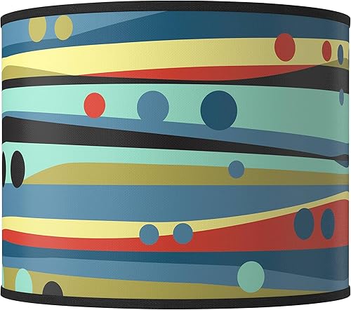 Round Hardback Drum Print Lamp Shade Retro Dots & Waves Blue Yellow Large 14" Top x 14" Bottom x 11" High Spider with Replacement Harp and Finial