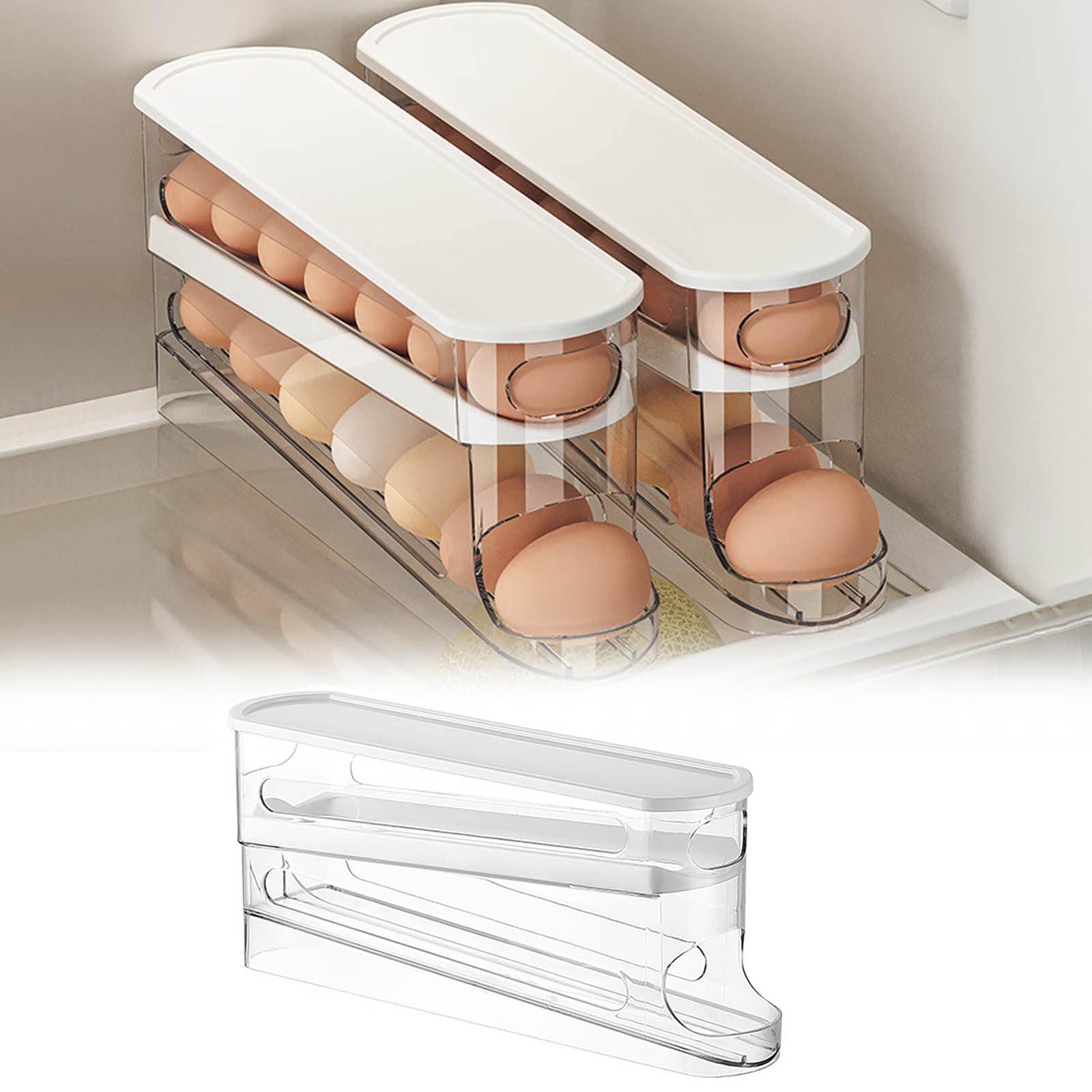 Automatic Egg Holder For Refrigerator - 2-Tier Rolling Dispenser With Date Tracker