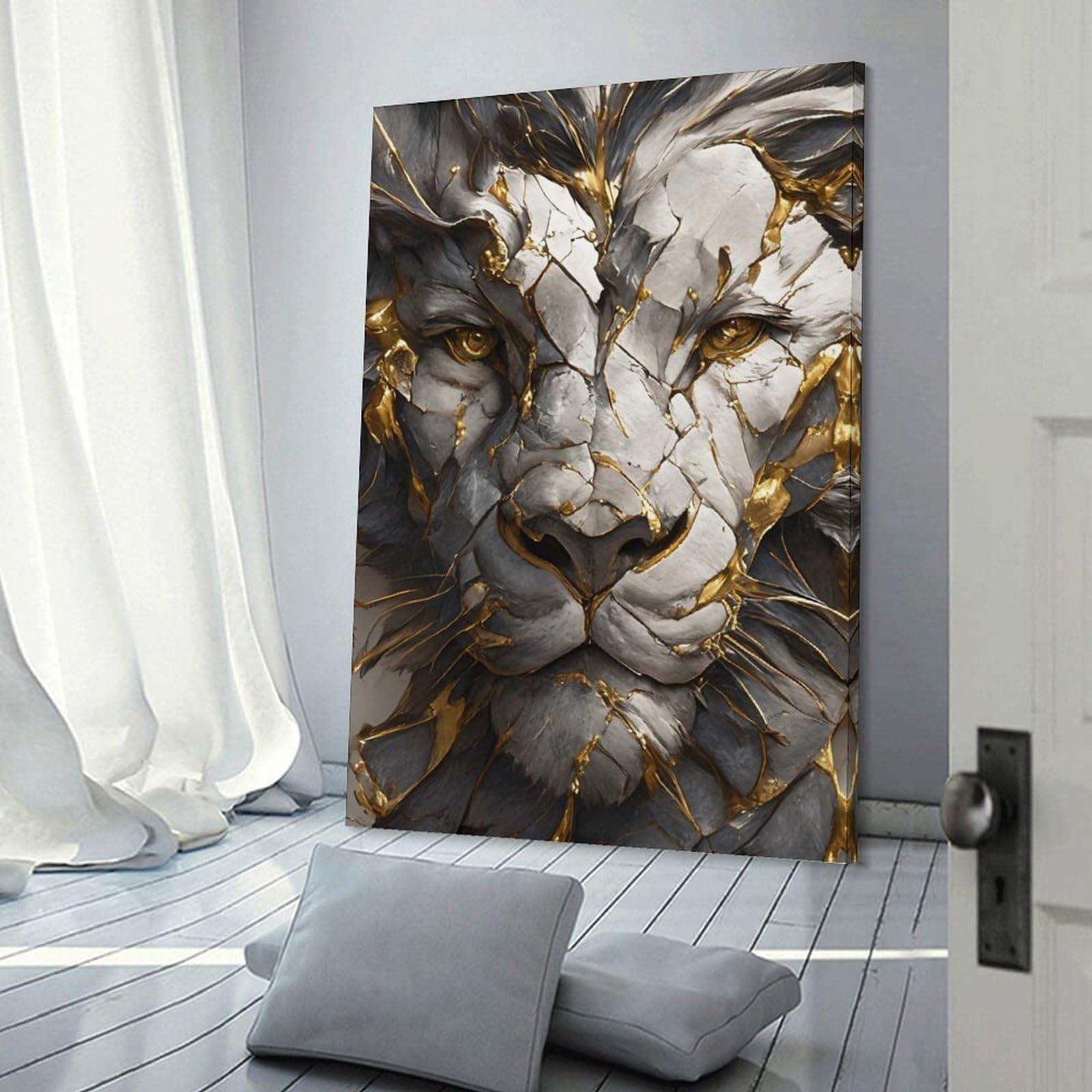 Junmoney Lion Portrait with Gold Accents Canvas Wall Decor, 08x12inch(20x30cm), for Gallery Wall Decor And Room Displays, Wall Decor Suited to Curated Displays