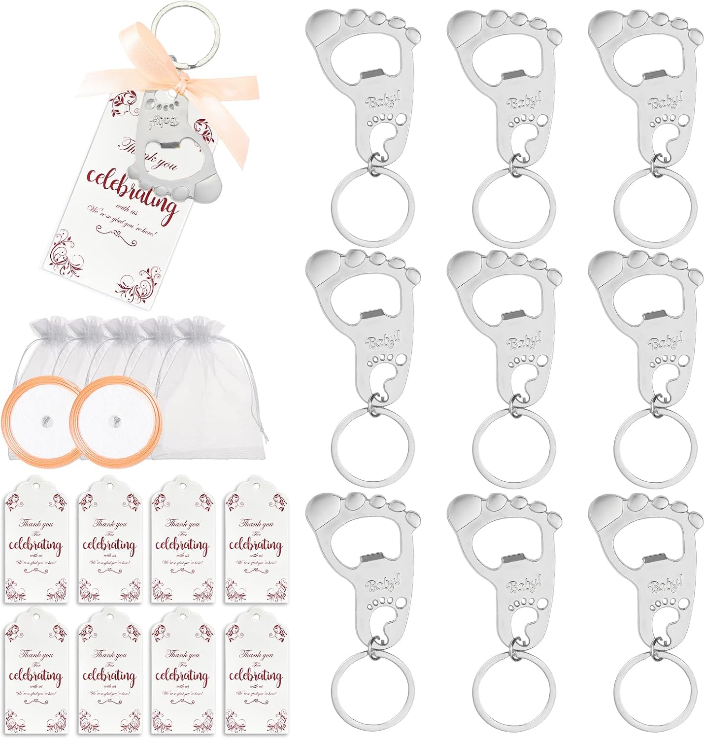 48 Pieces Keychain baby shower favors Bottle Opener Gift Tag Baby Foot Bottle Opener Gift Shower party decoration or souvenir guest（silver）