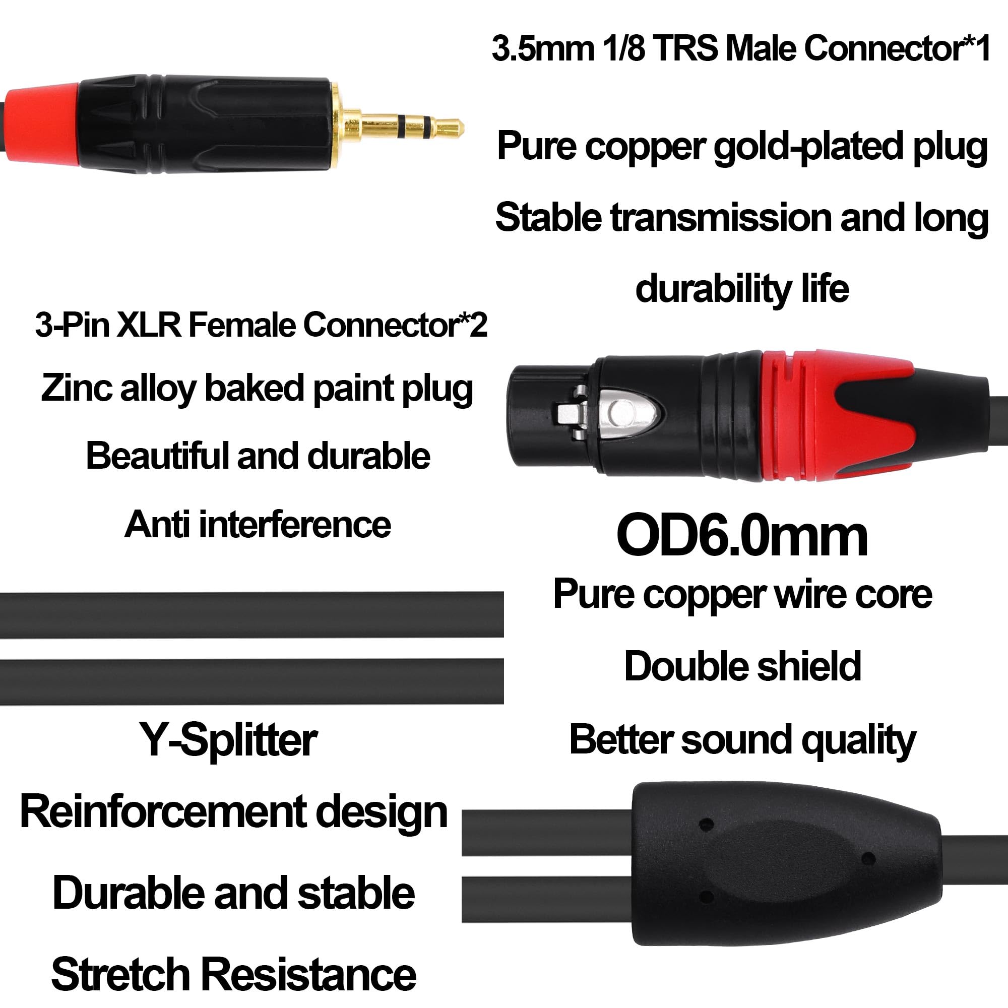 3,5 mm 1/8 TRS auf Dual-XLR-Y-Splitter-Audiokabel, 2 XLR-Buchse auf 1/8-Zoll-Stecker, TRS-Stereo-Aux-Adapter, Interconnect Breakout-Patchkabel für Mikrofon, Smartphone, Laptop, 1 m