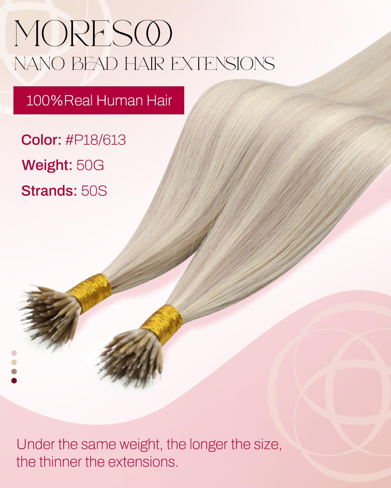 Close-up of Moresoo nano hair extensions showing the small, discreet nano beads and ash/platinum blonde blend.