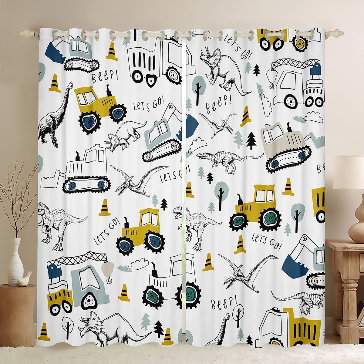 Loussiesd Construction Curtains Kids Cartoon Car Excavator Tractor Toddler Curtains Equipment Trucks Dinosaur Darkening Drapes Construction Vehicles White Yellow Window Treatments W46*L72