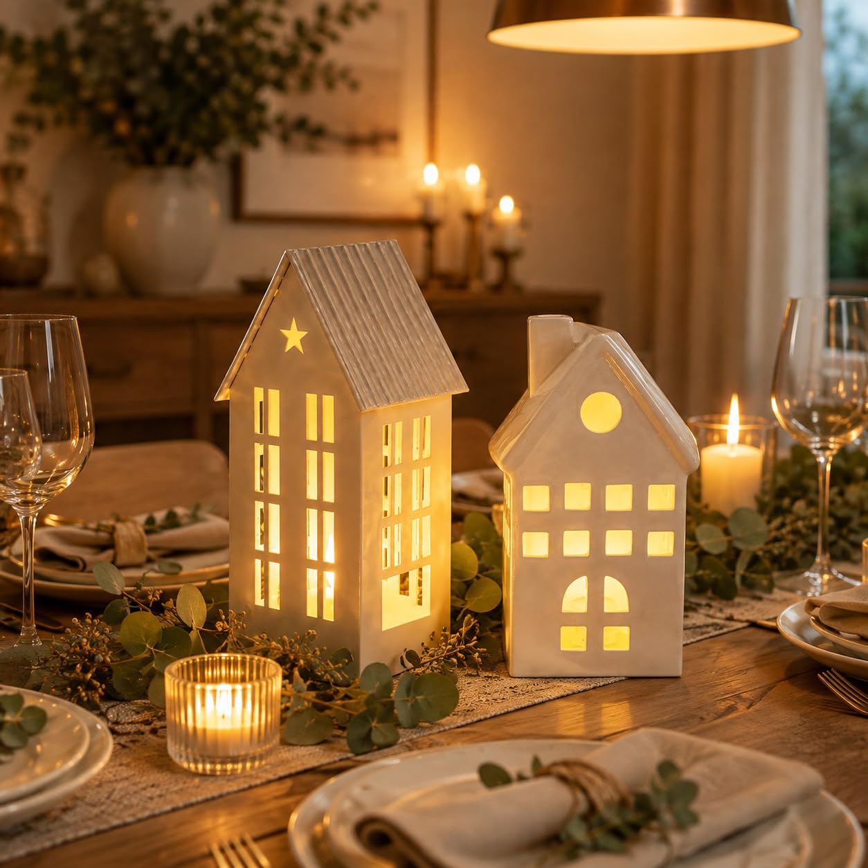 Ceramic & Metal House Combo Tealight Candle Holder | Tealight Compatible | Decorative Home Décor for Diwali, Christmas & All Seasons | Signature House Duo - Pack of 2 Houses-image-6