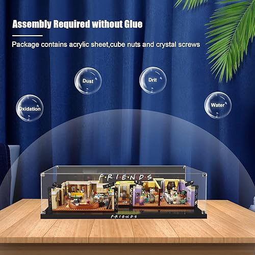 Miniatura 8 de Vitrina acrílica para Lego Friends Apartments 10292, caja de exhibición a prueba de polvo, placa acrílica transparente con base y fondo pintado HD