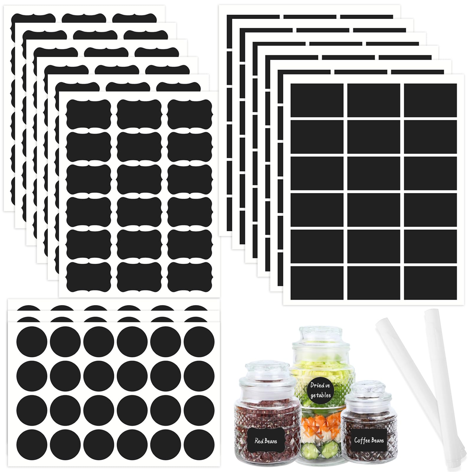 290 pcs Chalkboard Labels,Removable Blackboard Label Stickers,3 Assorted Shapes,with 2 White Chalk Marker,Erasable Reusable Waterproof Label for