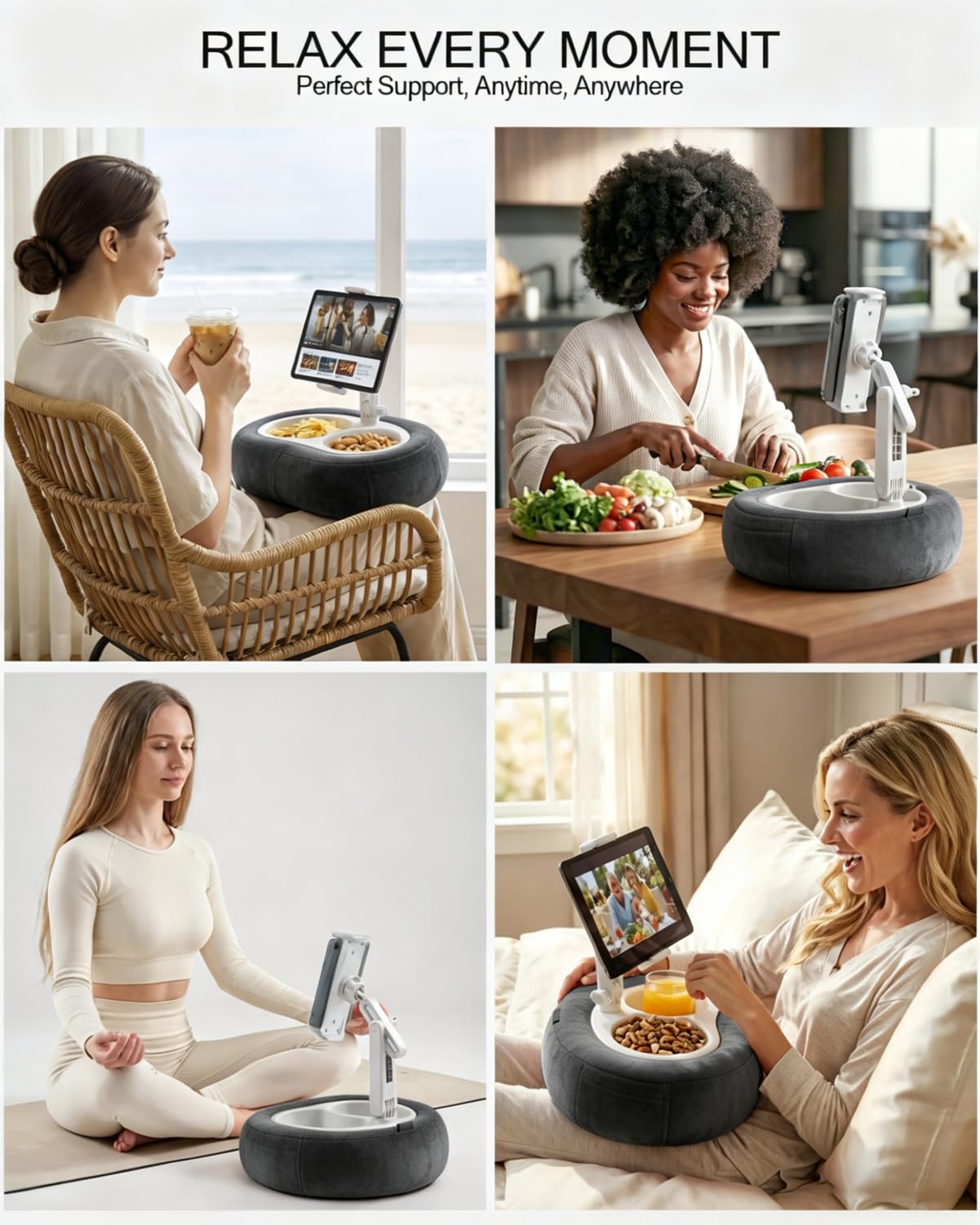 Tablet-Kissenständer, kompatibel mit 5-12,9 Zoll Kindle, iPad, Handy/Tablet, Google, Samsung, 360° drehbare Handyhalterung für Bett, weicher Plüschstoff, abnehmbare Schüssel, Lesen und Entspannen auf