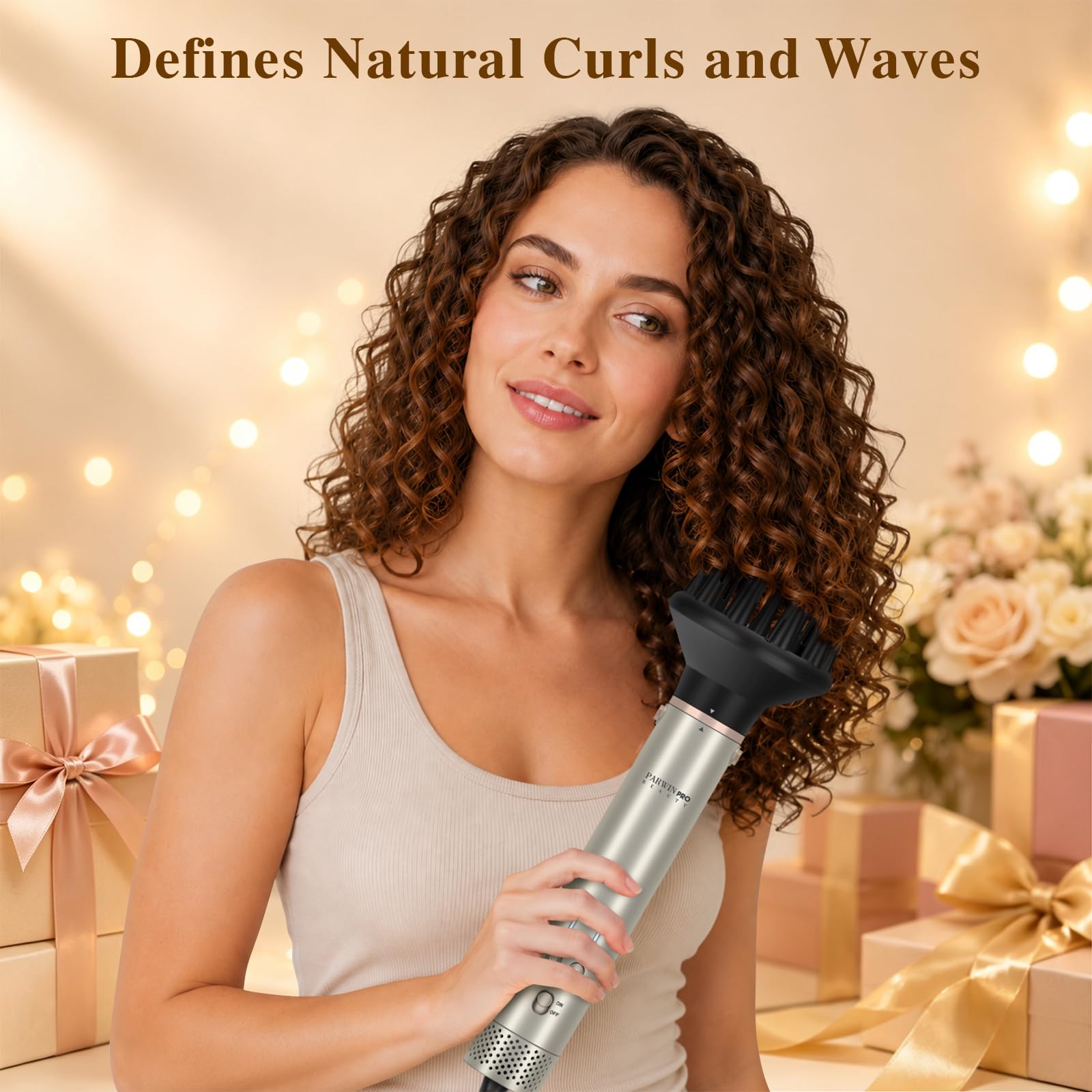 7 in 1 AirStyler, Automatische Doppelspannung MaxAIR 2.0 Multi-Styler Set | mit Luftglätter, 28mm automatischer Lockenwickler, 110000 U/Min, Glättender Finish-Aufsatz, Diffusor, Champagnersilber