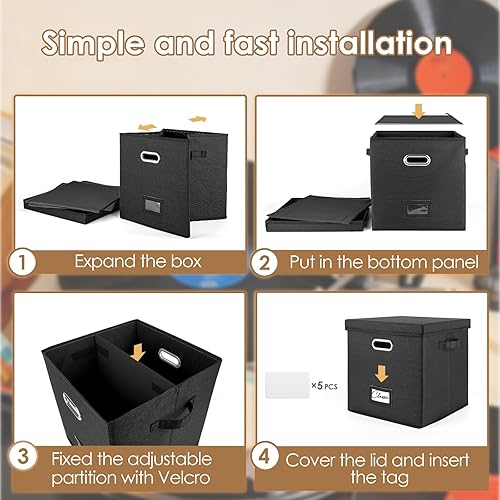 Miniatura 7 de Caja de almacenamiento de discos de vinilo para más de 50 LPs (12 pulgadas), caja de lino apilable con tapa, soporte plegable para colección de