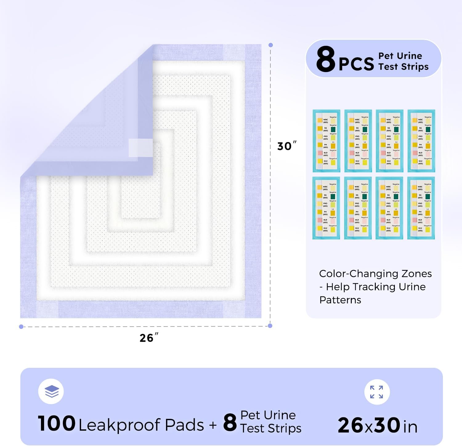 ZOMISIA 3D-Barrier Puppy Pee Pads for Dogs, 12 Cups Absorb & Rise Puffy Gel-Wall Leak-Proof, 26"x30" 100 Counts + 8 Pet Urine Test Strips, Super Absorbent Disposable Potty Training Pads