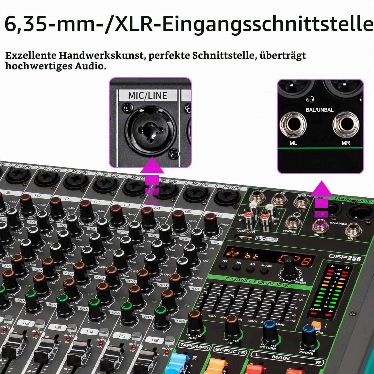 Depusheng PA16 Professional Audio Mixer Soundboard Konsole Schreibtischsystem Schnittstelle 16 Kanal Digital USB Bluetooth MP3 Computereingang 48V Phantomspeisung Eingebauter 256 Reverb Effekt