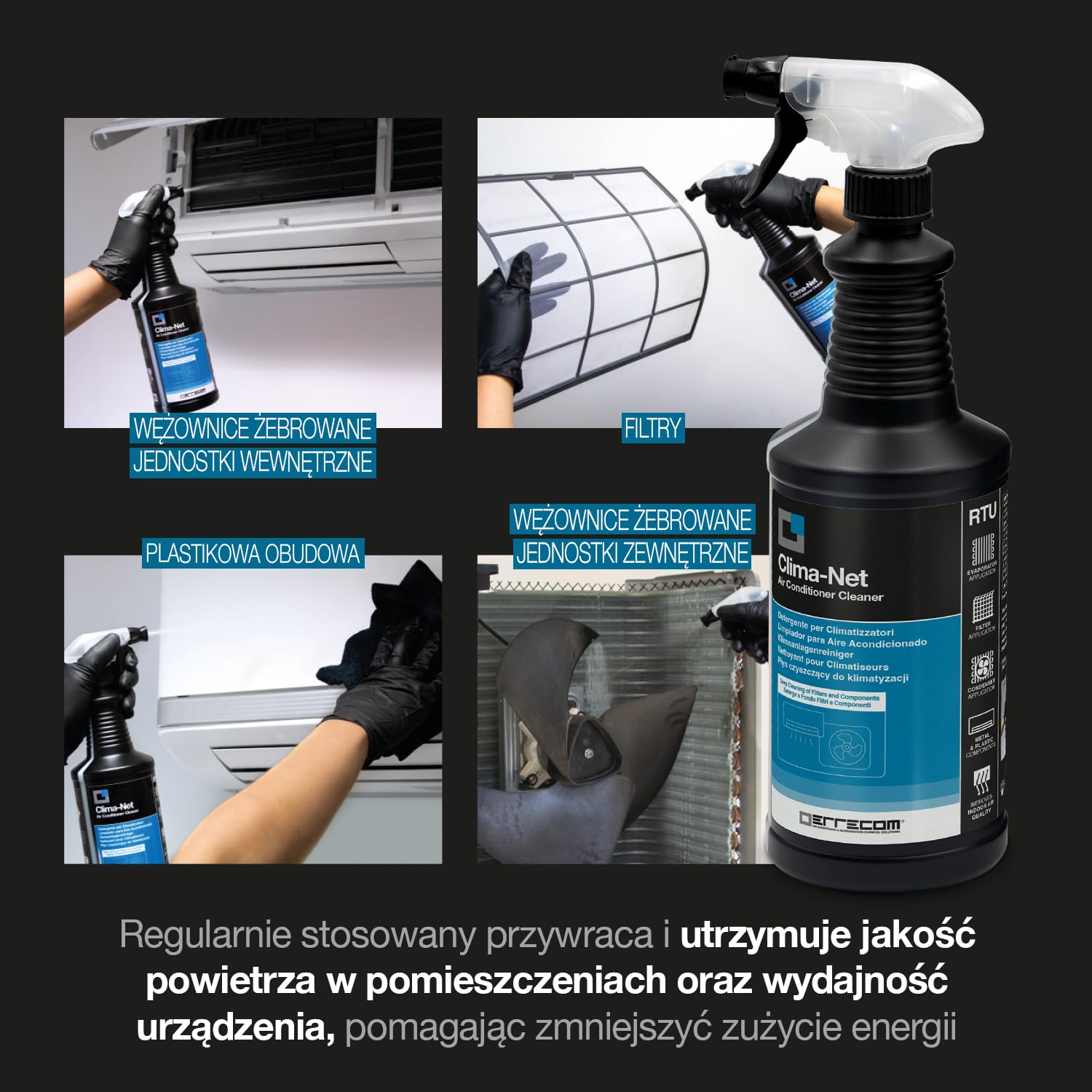 ERRECOM Zestaw do czyszczenia klimatyzatora: 1 środek Clima-Net 1l do czyszczenia klimatyzacji, filtrów, wężownic żebrowanych, jednostek zewnętrznych i 1 Wally - osłonę do czyszczenia klimatyzacji