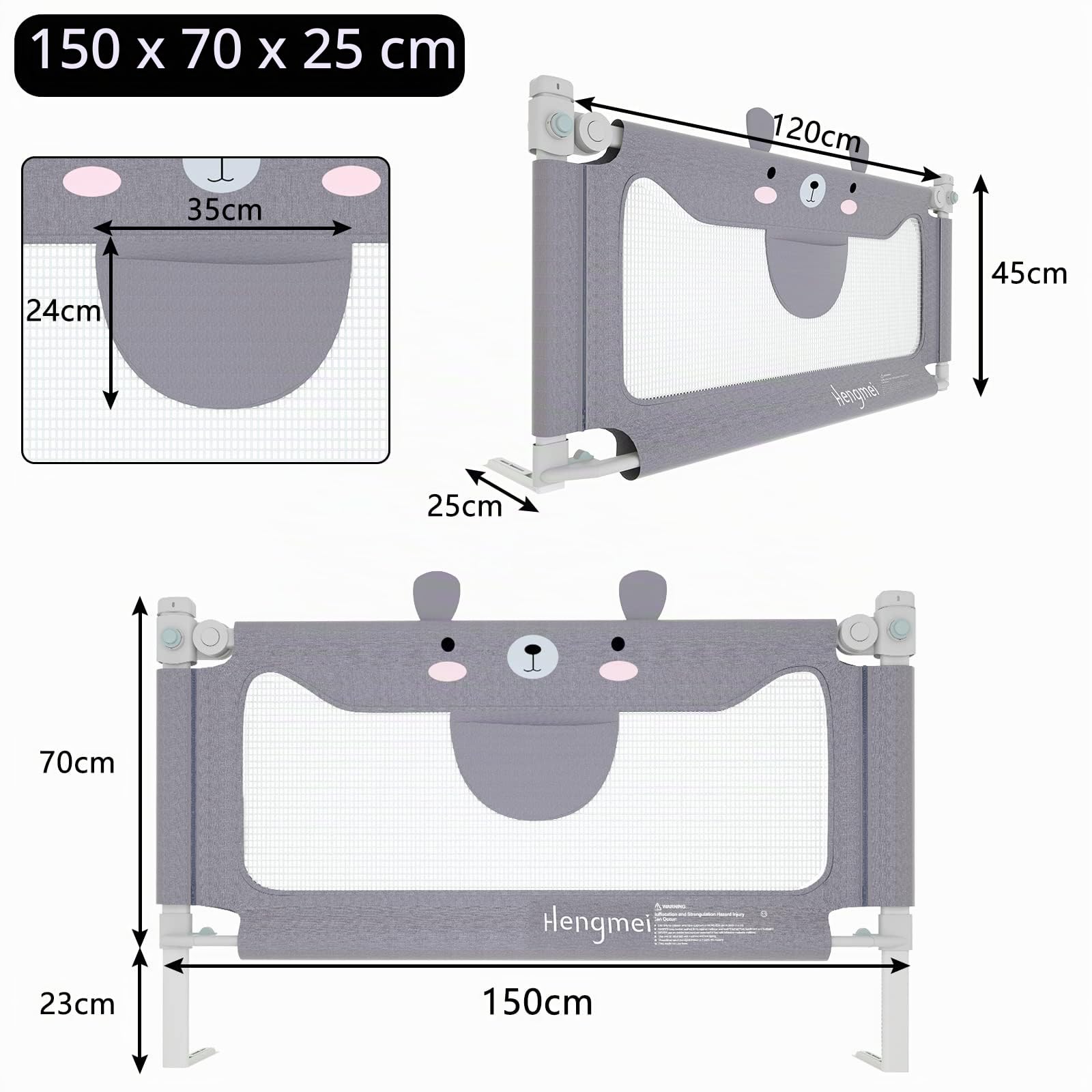 Hengmei - Barrière de lit - Réglable en hauteur - 150 cm - Protection anti-chute - Pour bébé et enfant (ourson)