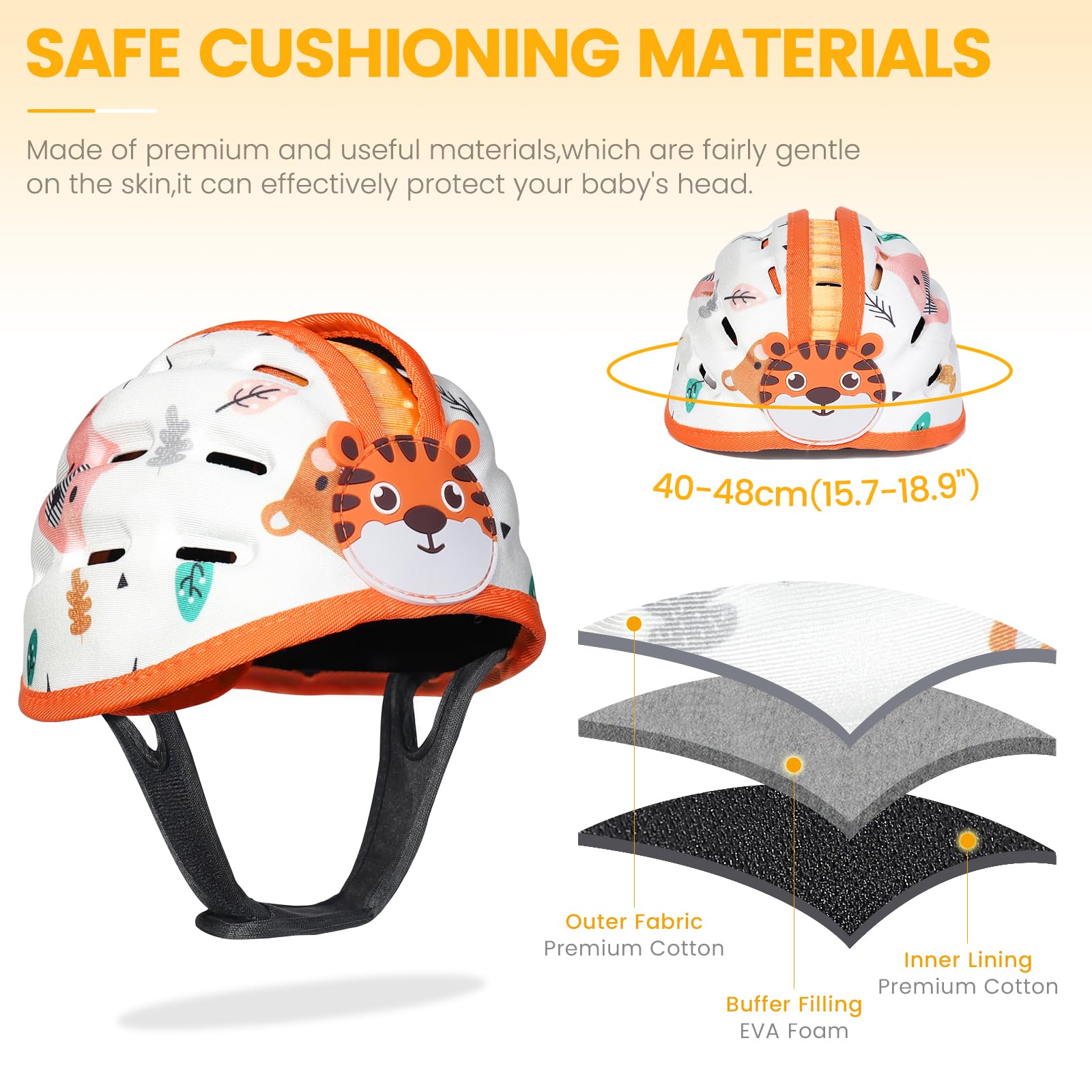 Orzbow Casque Bébé Anti Choc Protection avec Genouillères, Respirante Casque Sécurité Bébé pour Ramper et Marcher, Réglable, Ultra Léger, Coton et EVA de Qualité Supérieure, Tigre Orange