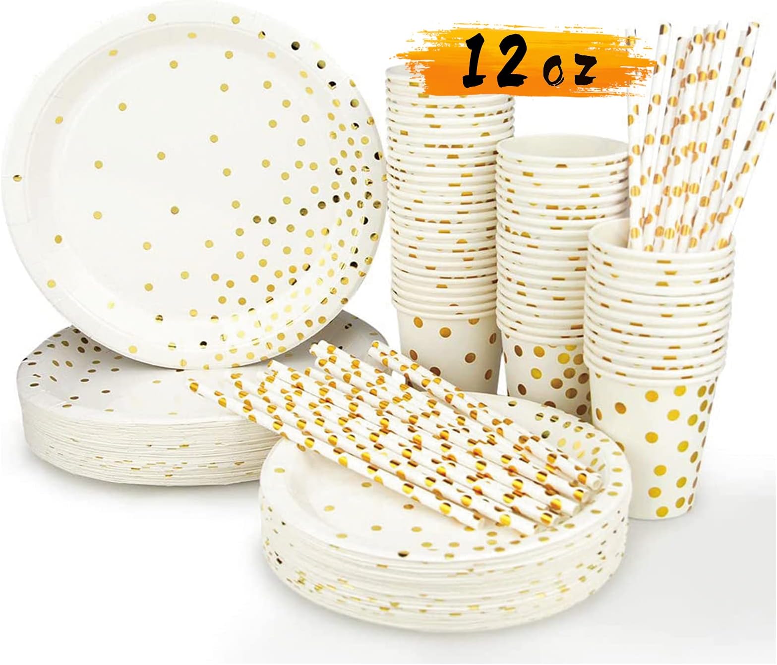 Simbago Disposable Paper Plates Party Supplies - Gold Metallic Foil Dots 50 Dinner Plates 50 Dessert Plates 50 Paper Straws and 50 12 Ounce Cups for Family Friend Work Birthday Party (200pcs)…