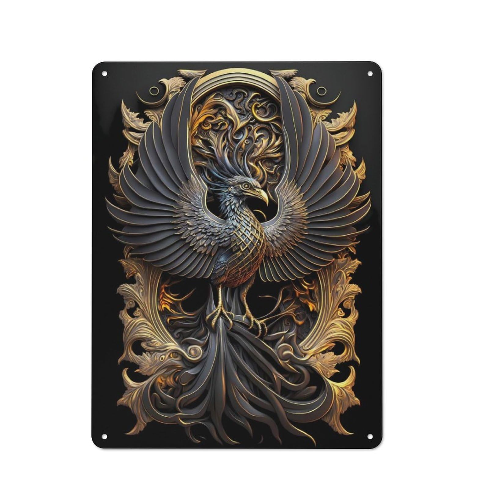 Junmoney Style-1 Eternal Golden Phoenix Rustic Metal Plaque 40X30cm For Living Room Or Hallway, For Garage, Workshop And Man Cave Decoration